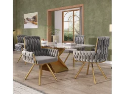 Juego de 6 sillas de terciopelo con respaldo alto y reposabrazos, giratorias 360°, de metal base – gris