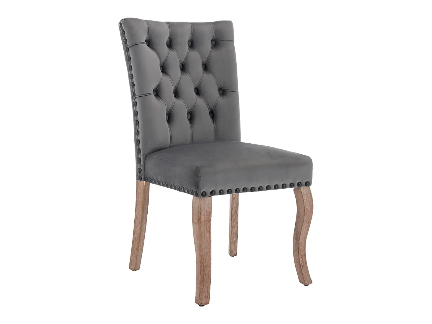Juego de 2 sillas de terciopelo gris con patas de madera curvadas, remaches negros