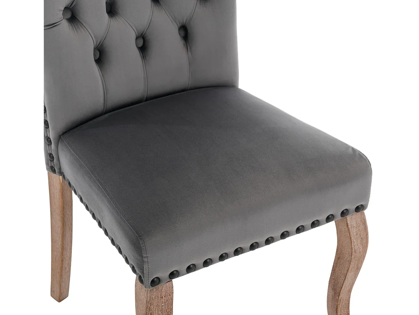 Juego de 2 sillas de terciopelo gris con patas de madera curvadas, remaches negros