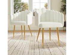 Juego de 2 sillas de terciopelo y metal, respaldo en abanico, asiento de 10 cm de grosor – beige y dorado