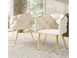 Juego de 2 sillas de terciopelo, estructura de metal dorado – beige