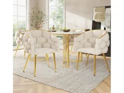 Juego de 2 sillas de terciopelo y metal, respaldo dorado, asiento acolchado de 6 cm – beige