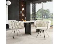 Juego de 2 sillas de terciopelo beige con respaldo tapizado y patas de metal plateado - para comedores y salas