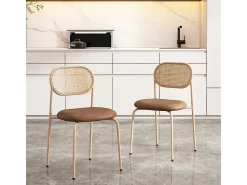 Juego de 2 sillas en PU y ratán - Patas de metal - Ergonómicas - Carga máxima 150 kg - 46×48×80 cm - Marrón
