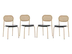 Juego de 4 sillas en PU y ratán - Patas de metal - Ergonómicas - Carga máxima 150 kg - 46×48×80 cm - Negro