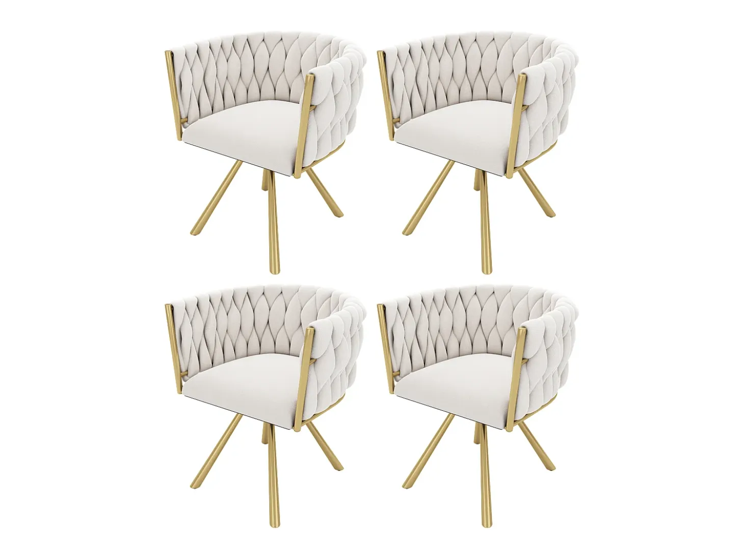 Juego de 4 sillas giratorias con patas de metal dorado y tapizadas en terciopelo beige.