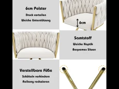 Juego de 4 sillas giratorias con patas de metal dorado y tapizadas en terciopelo beige.
