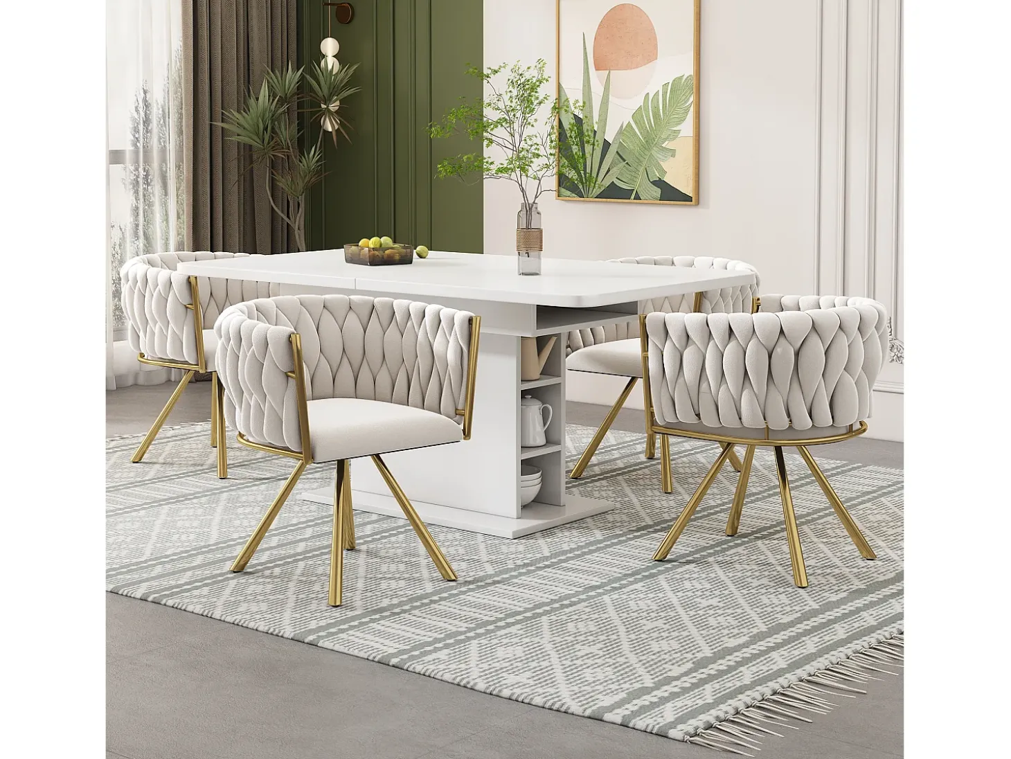 Juego de 4 sillas giratorias con patas de metal dorado y tapizadas en terciopelo beige.