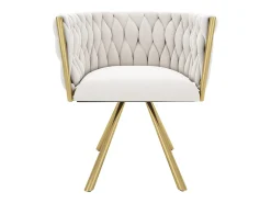 Juego de 4 sillas giratorias con patas de metal dorado y tapizadas en terciopelo beige.