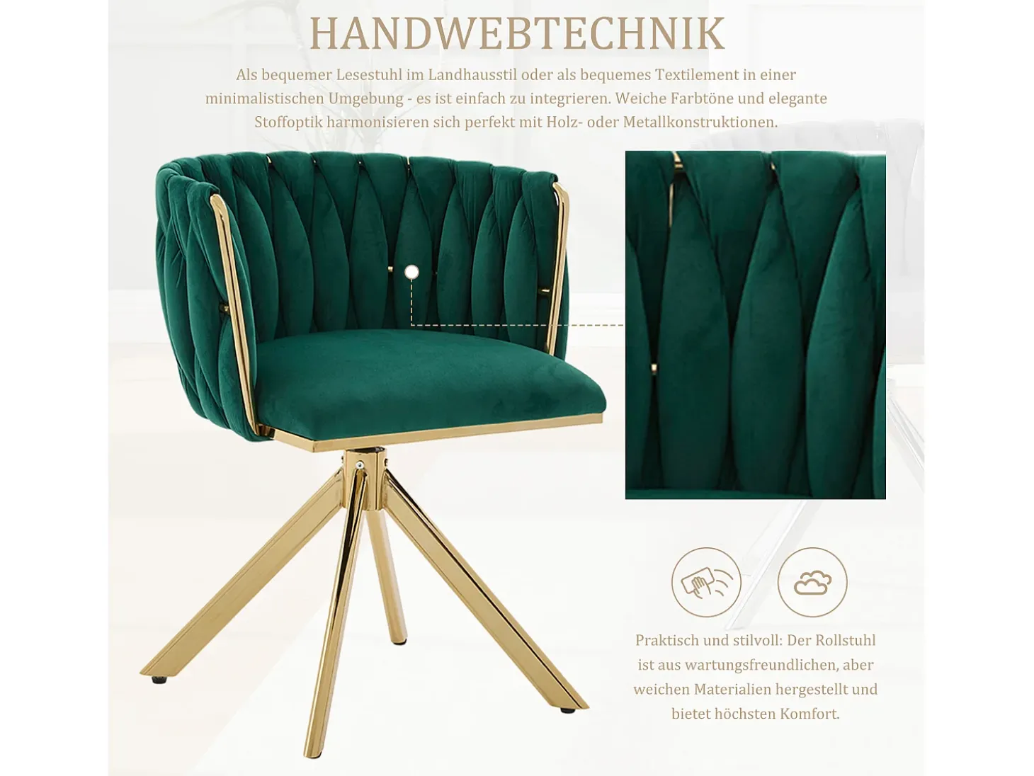 Juego de 2 sillas giratorias verdes - Silla con forma de concha con patas de metal dorado - Estilo contemporáneo