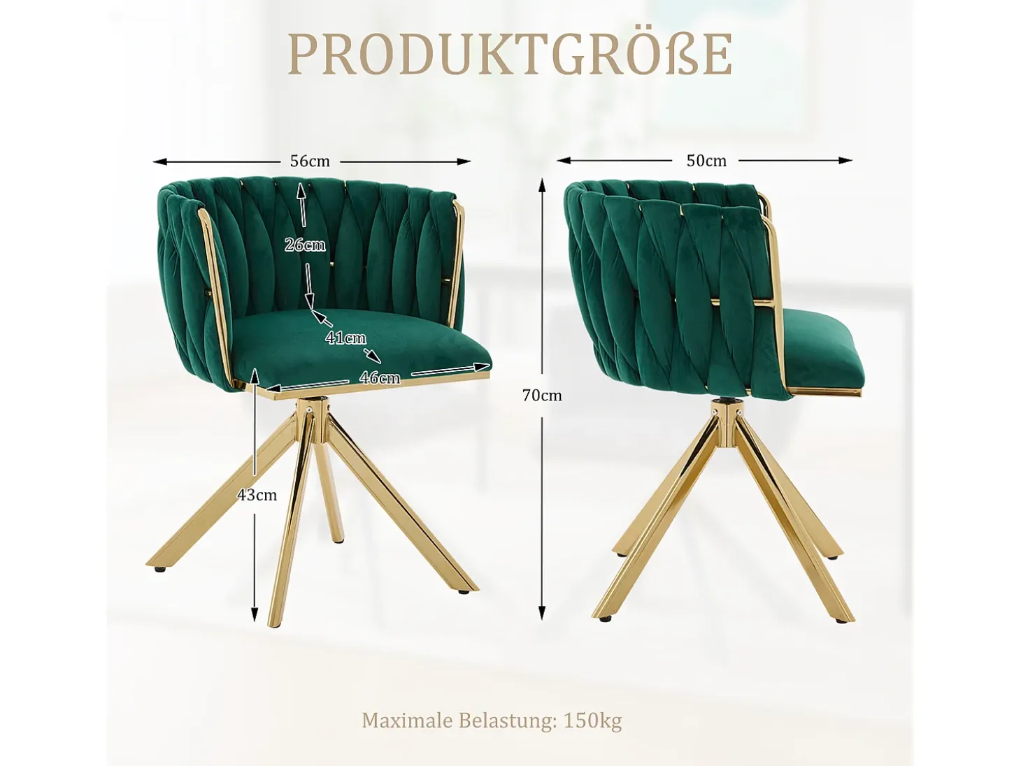 Juego de 2 sillas giratorias verdes - Silla con forma de concha con patas de metal dorado - Estilo contemporáneo