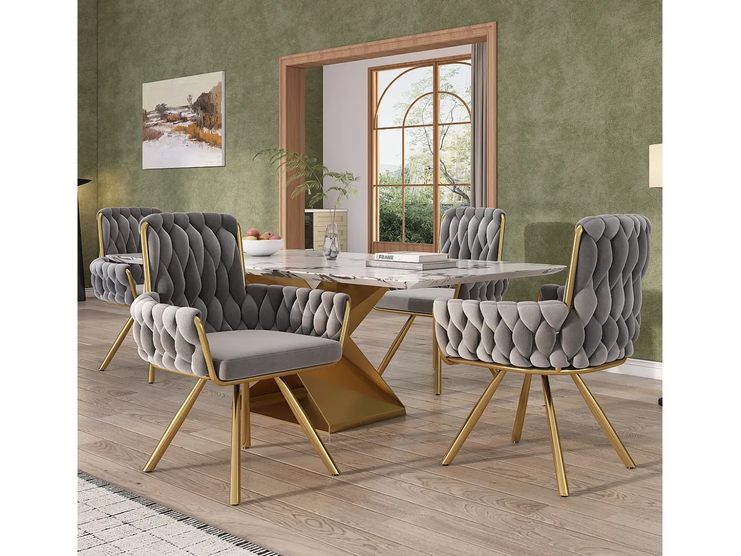 Juego de 6 sillas giratorias de terciopelo - 87 x 50 x 55 cm - Sillón con cuatro patas de metal - Gris