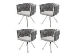 Juego de 4 sillas giratorias con reposabrazos, patas de metal plateado y tapizadas en terciopelo gris.