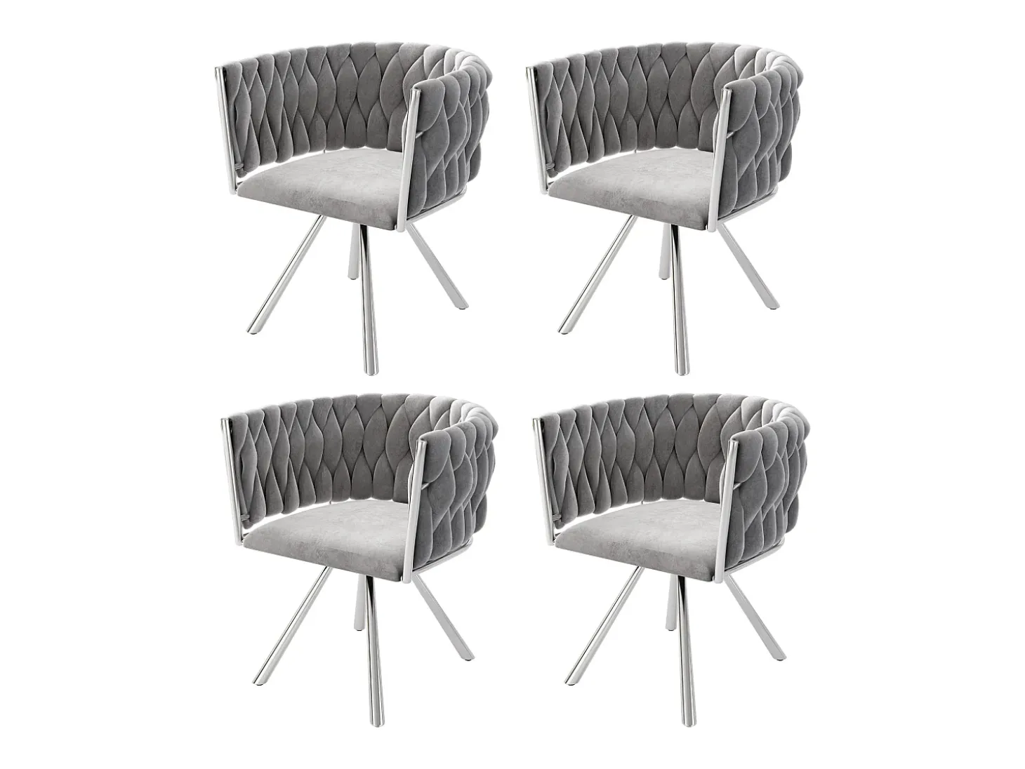 Juego de 4 sillas giratorias con reposabrazos, patas de metal plateado y tapizadas en terciopelo gris.