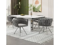 Juego de 4 sillas giratorias con reposabrazos, patas de metal plateado y tapizadas en terciopelo gris.