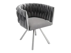 Juego de 4 sillas giratorias con reposabrazos, patas de metal plateado y tapizadas en terciopelo gris.