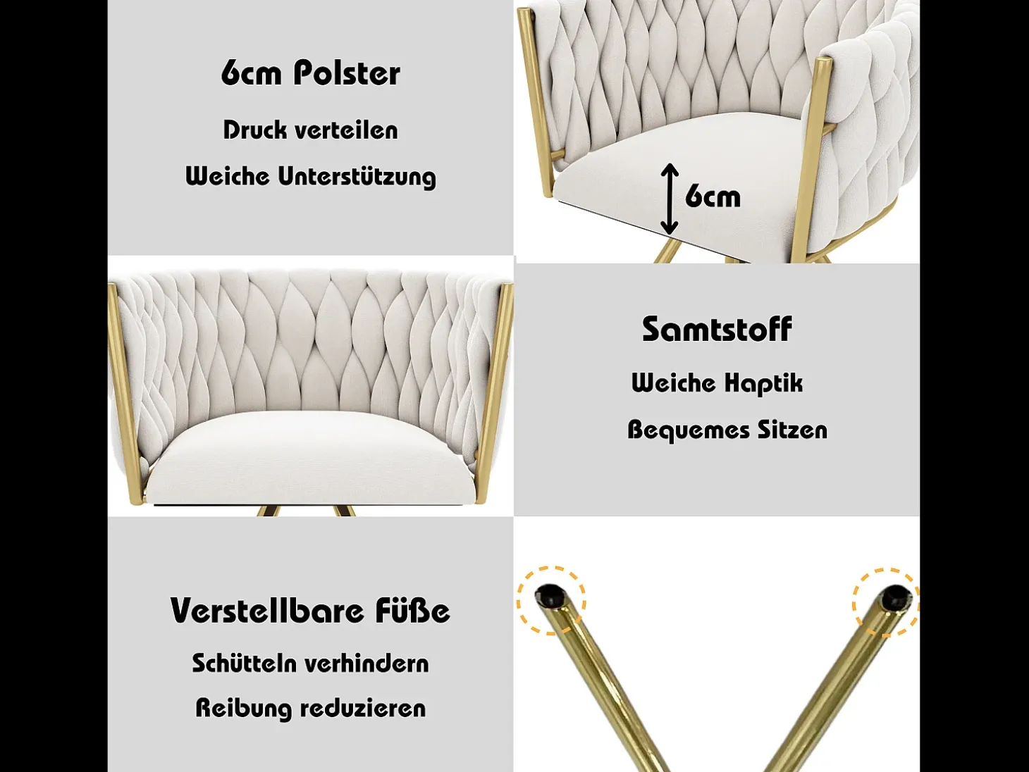 Juego de 6 sillas giratorias con patas de metal dorado y tapizadas en terciopelo beige.