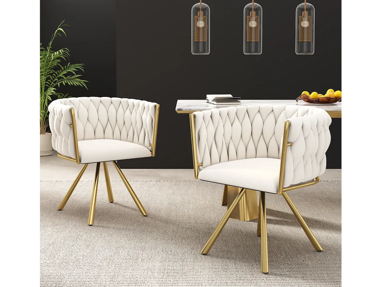 Juego de 6 sillas giratorias con patas de metal dorado y tapizadas en terciopelo beige.