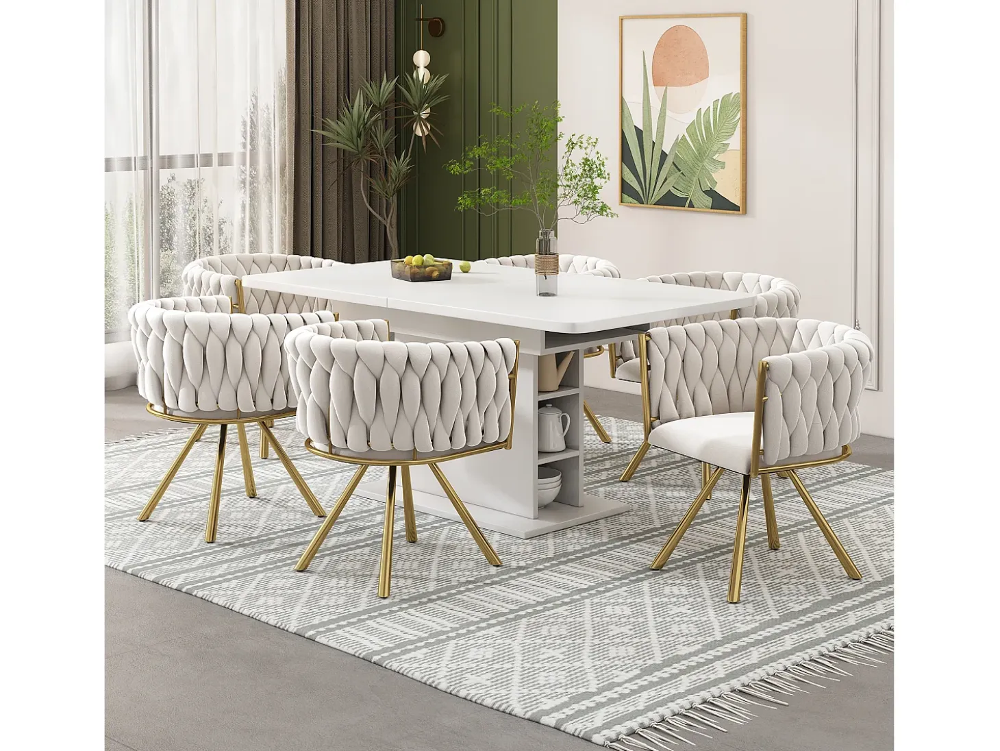 Juego de 6 sillas giratorias con patas de metal dorado y tapizadas en terciopelo beige.