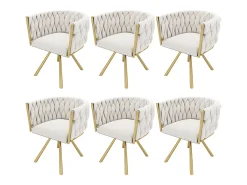 Juego de 6 sillas giratorias con patas de metal dorado y tapizadas en terciopelo beige.
