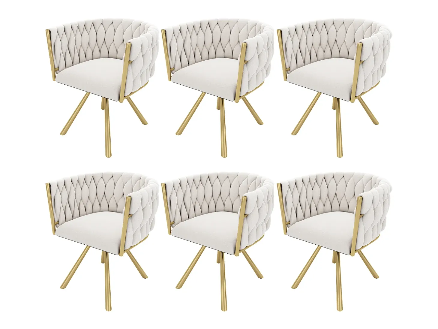 Juego de 6 sillas giratorias con patas de metal dorado y tapizadas en terciopelo beige.