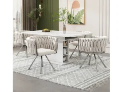 Juego de 6 sillas giratorias con reposabrazos, patas metálicas plateadas y tapizadas en terciopelo beige.