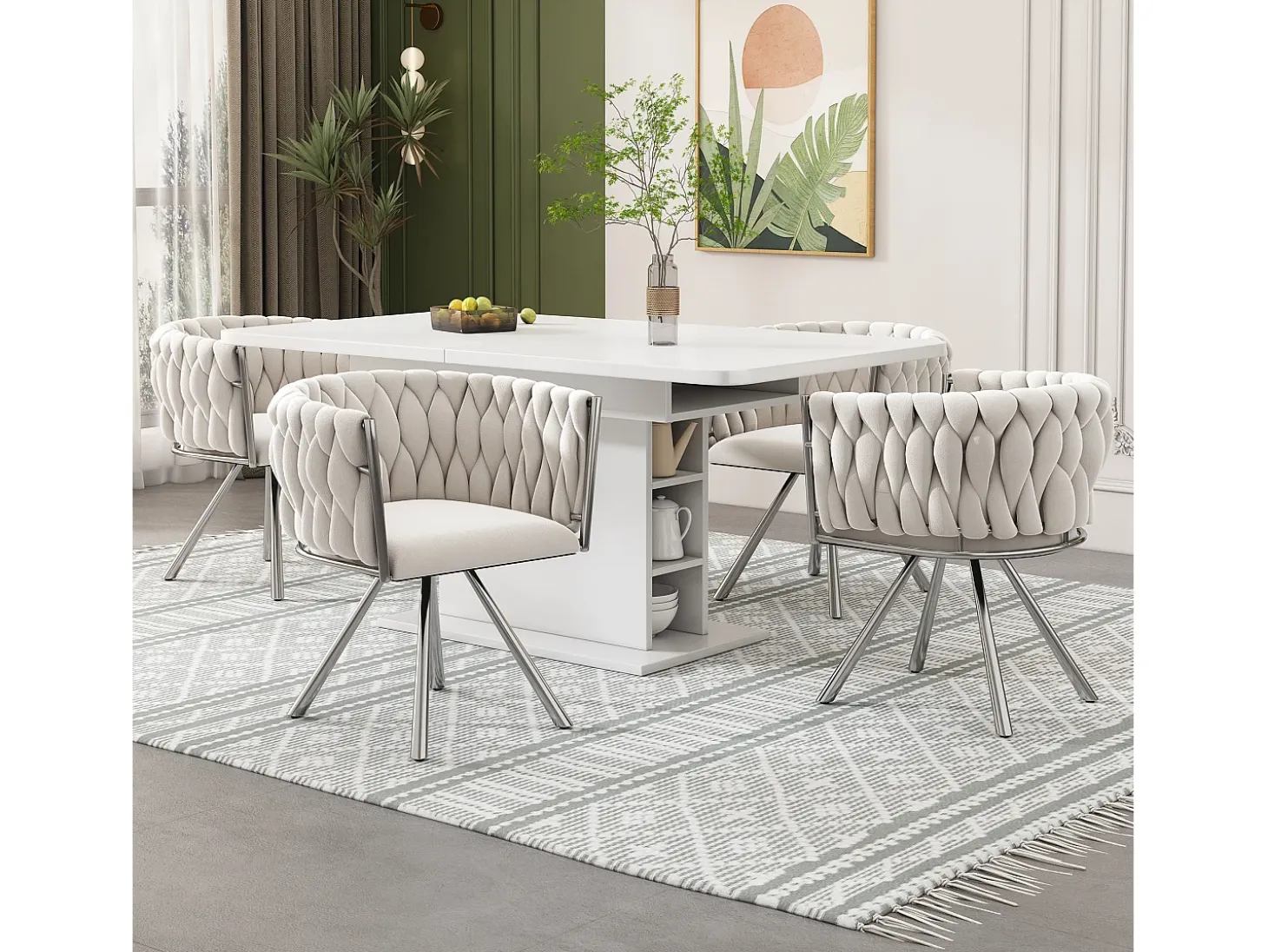 Juego de 6 sillas giratorias con reposabrazos, patas metálicas plateadas y tapizadas en terciopelo beige.