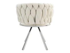 Juego de 6 sillas giratorias con reposabrazos, patas metálicas plateadas y tapizadas en terciopelo beige.