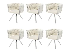 Juego de 6 sillas giratorias con reposabrazos, patas metálicas plateadas y tapizadas en terciopelo beige.
