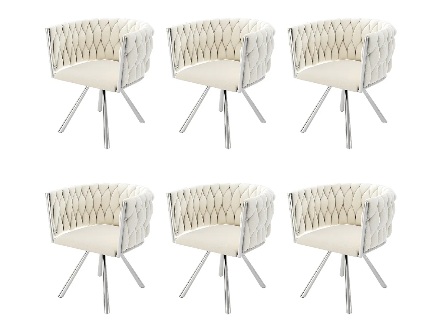 Juego de 6 sillas giratorias con reposabrazos, patas metálicas plateadas y tapizadas en terciopelo beige.