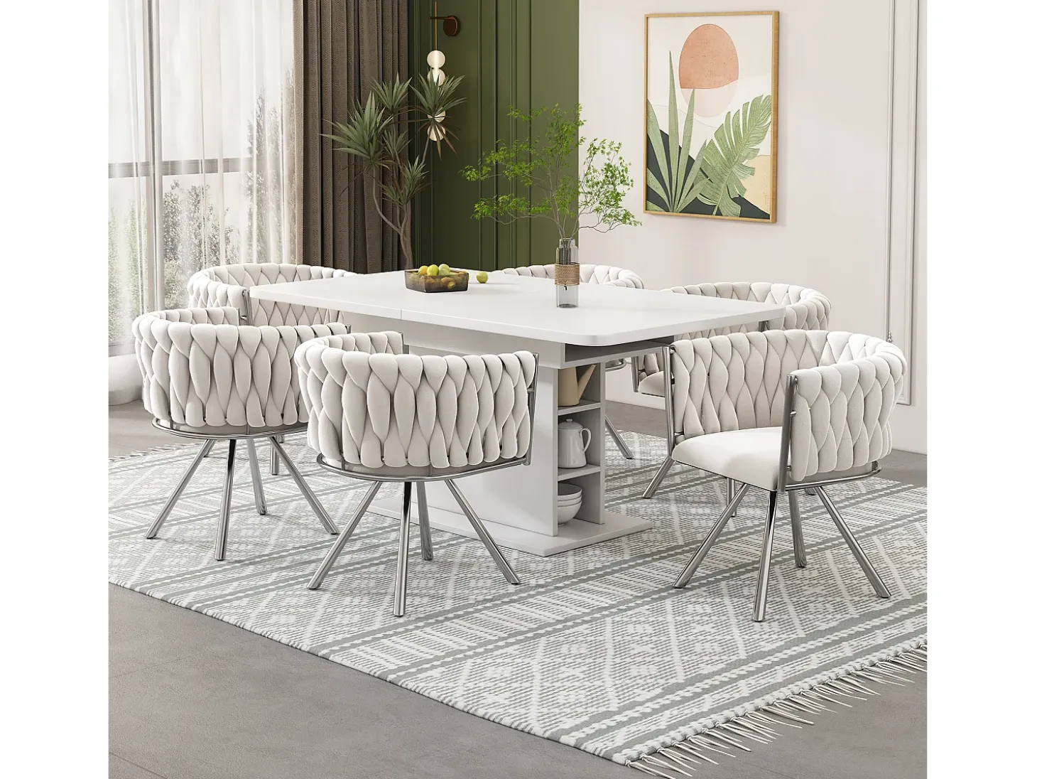 Juego de 6 sillas giratorias con reposabrazos, patas metálicas plateadas y tapizadas en terciopelo beige.