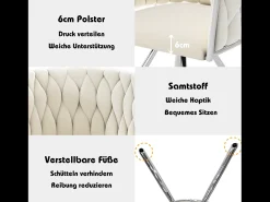 Juego de 6 sillas giratorias con reposabrazos, patas metálicas plateadas y tapizadas en terciopelo beige.