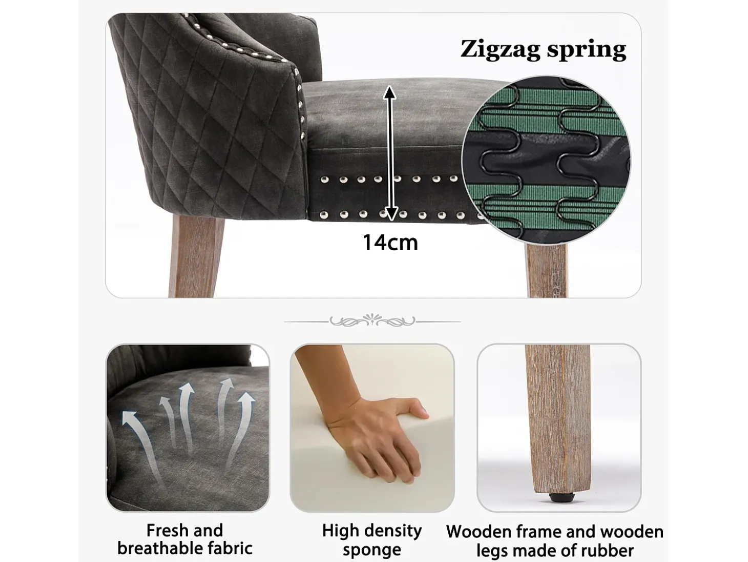 Juego de 2 Sillas para Comedor, Cocina y Salón Silla Tapizada Patas Madera Maciza - 53,5x64x95cm Gris