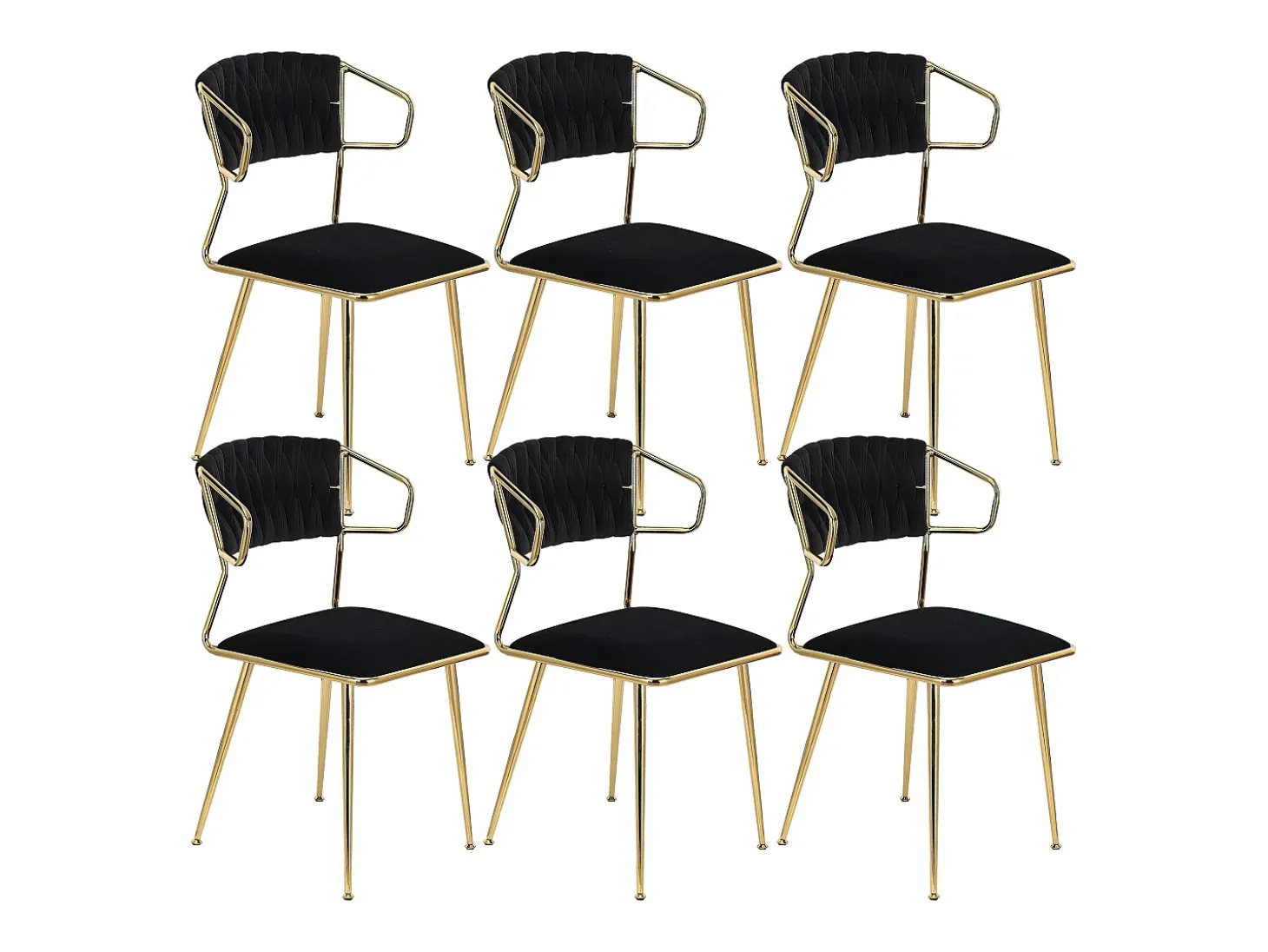 Juego de 2 sillas, respaldo redondo, patas de silla chapadas en oro, color negro, terciopelo.