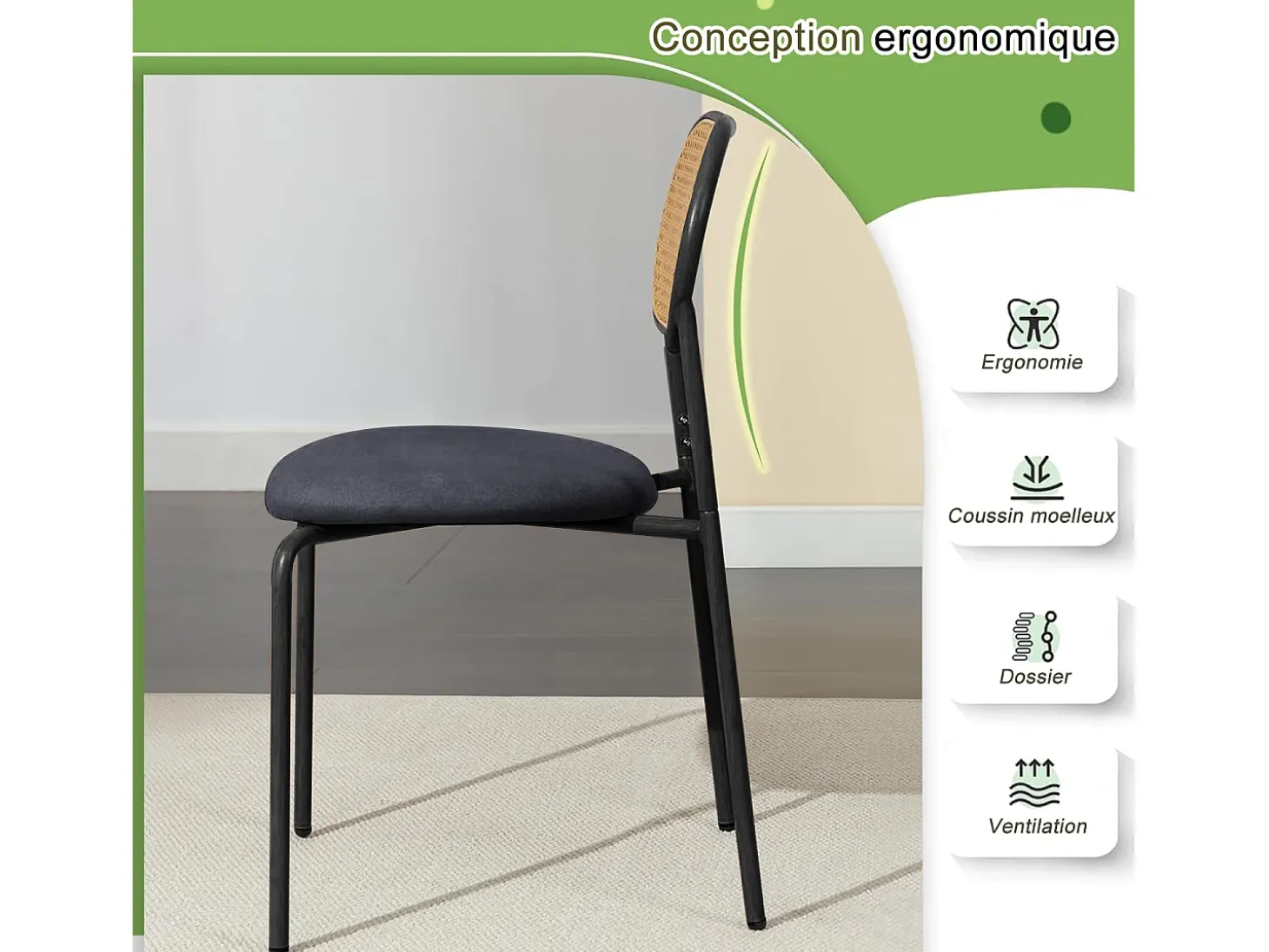 Juego de 2 sillas, silla de comedor de ratán, silla de comedor decorativa, color negro