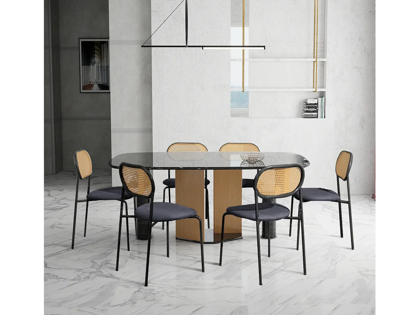 Juego de 2 sillas, silla de comedor de ratán, silla de comedor decorativa, color negro
