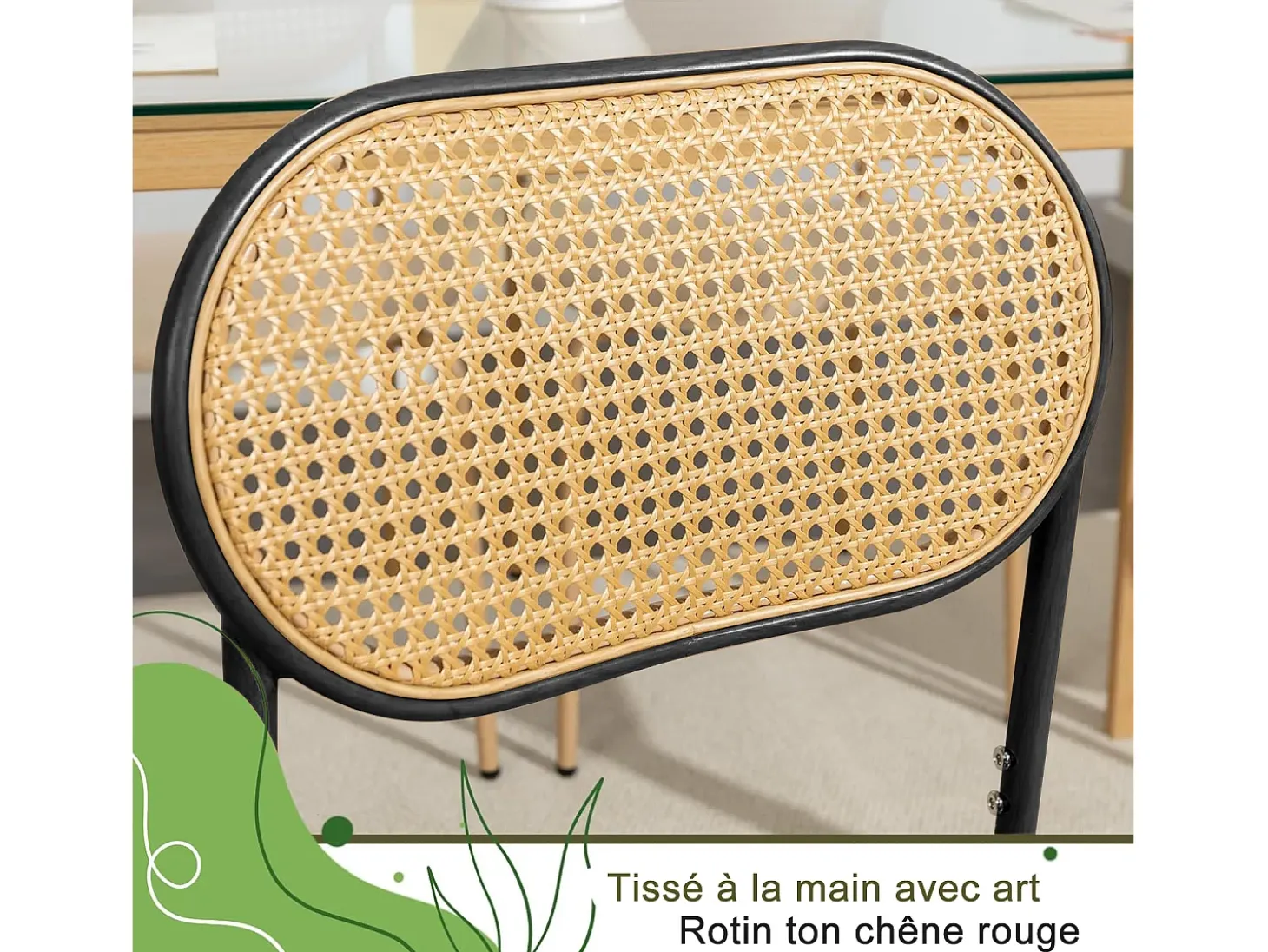 Juego de 2 sillas, silla de comedor de ratán, silla de comedor decorativa, color negro