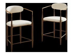 Juego de 2 taburetes de bar con reposabrazos - Tejido beige - Estructura de metal marrón y dorado