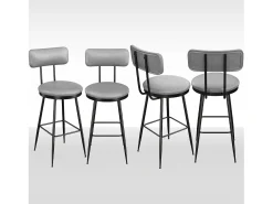 Juego de 4 taburetes de bar, silla alta de cocina con reposapiés y respaldo, para comedor y cocina, piel sintética, color gris