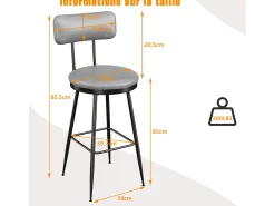 Juego de 4 taburetes de bar, silla alta de cocina con reposapiés y respaldo, para comedor y cocina, piel sintética, color gris