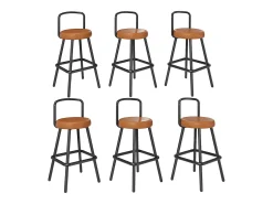 Juego de 6 taburetes de bar - 37 x 37 x 90,5 cm - con respaldo y reposapiés - piel sintética y patas de hierro - marrón