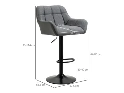 Juego de 2 taburetes de bar, regulables en altura, giratorios 360°, con respaldo y reposapiés, aspecto lino, hasta 120 kg, gris