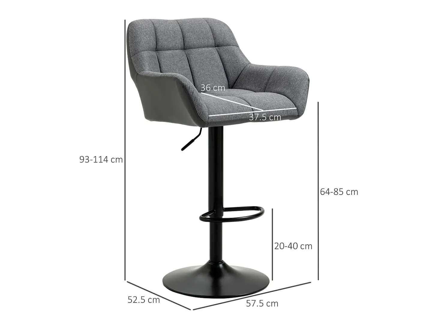 Juego de 2 taburetes de bar, regulables en altura, giratorios 360°, con respaldo y reposapiés, aspecto lino, hasta 120 kg, gris