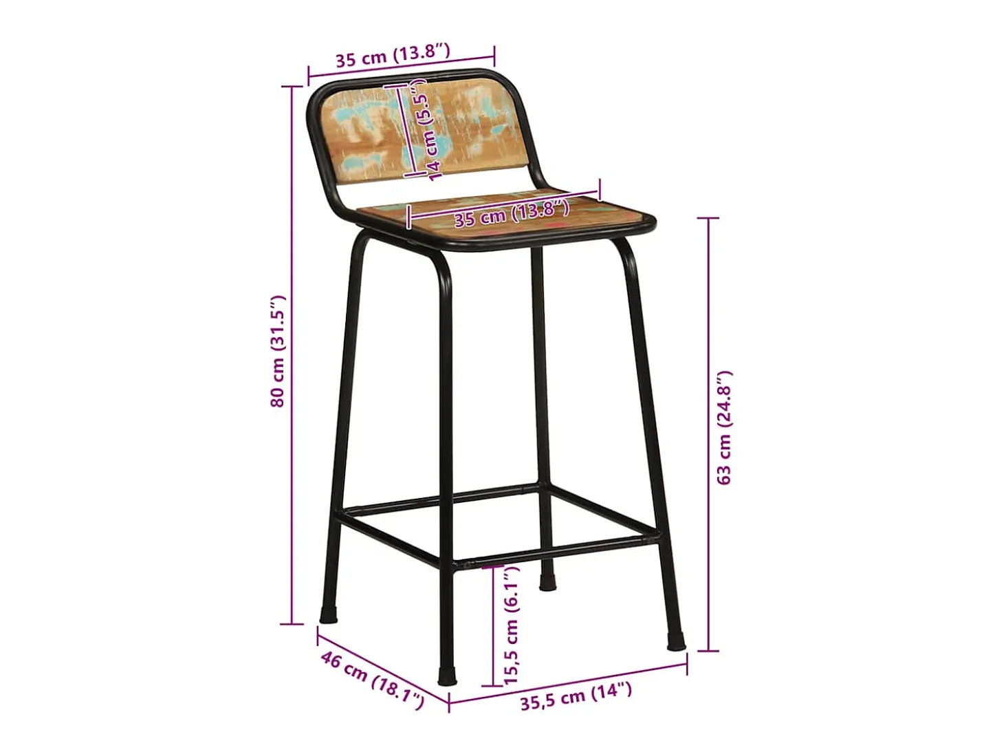 Juego de 2 taburetes de bar 46x35,5x80cm madera maciza recuperada
