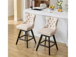 Juego de 2 taburetes de bar giratorios en terciopelo - Patas de madera - Beige
