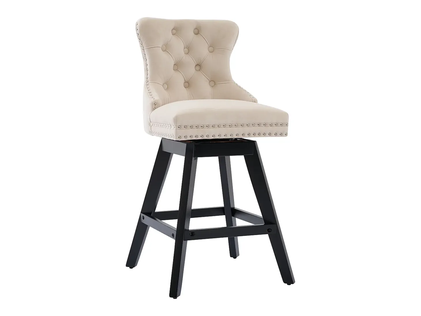 Juego de 2 taburetes de bar giratorios en terciopelo - Patas de madera - Beige