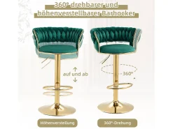 Juego de 2 taburetes de bar giratorios en terciopelo - Altura regulable - Verde esmeralda y dorado