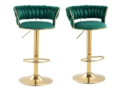 Juego de 2 taburetes de bar giratorios en terciopelo - Altura regulable - Verde esmeralda y dorado