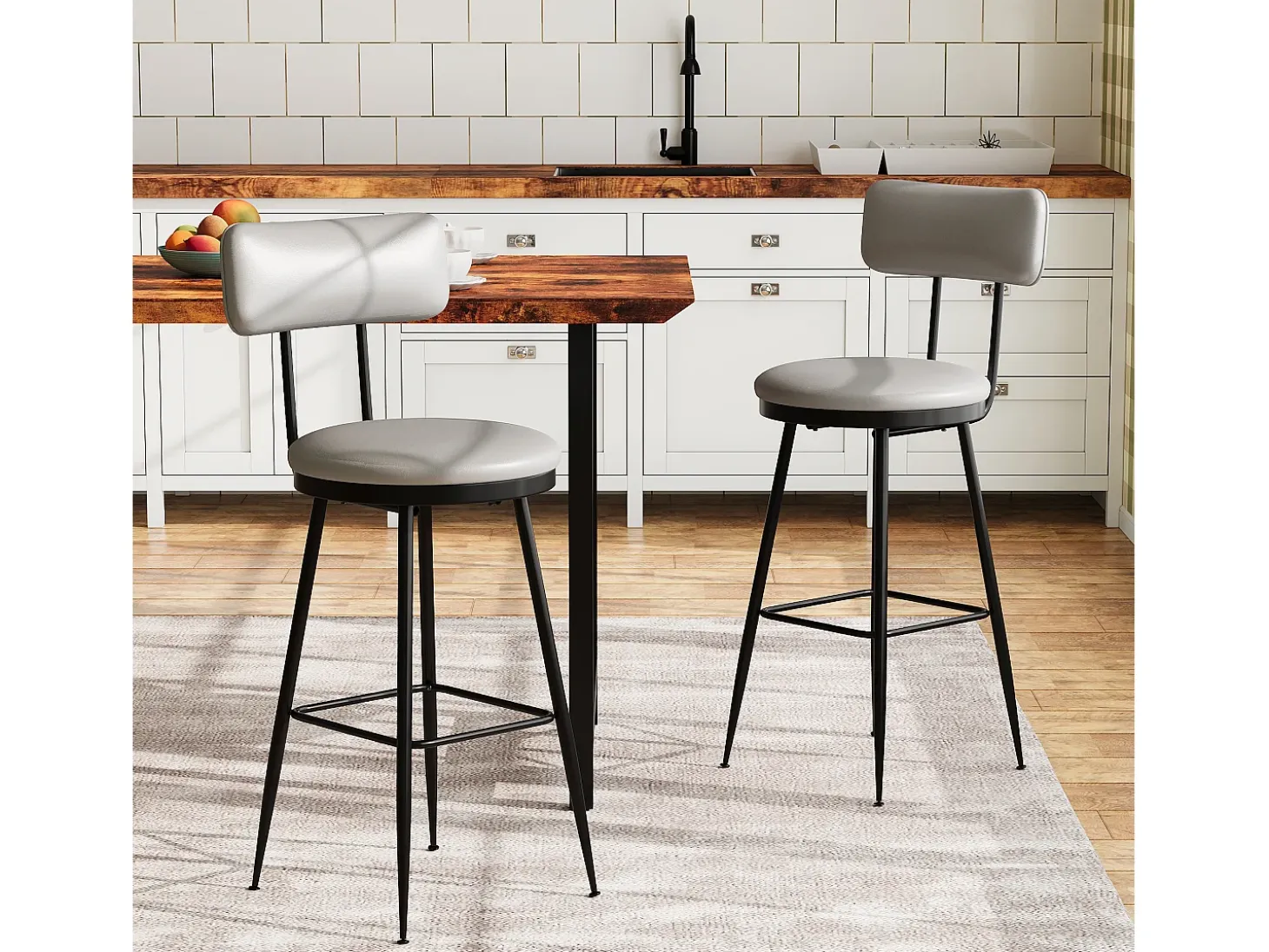 Juego de 2 taburetes de bar, silla alta de cocina con reposapiés y respaldo, para comedor y cocina, piel sintética, color gris