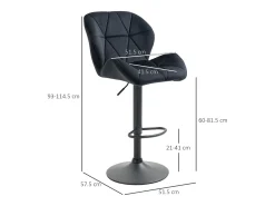 Juego de 2 taburetes de bar, giratorios, regulables en altura, con respaldo, tacto terciopelo, negro, sin brazos